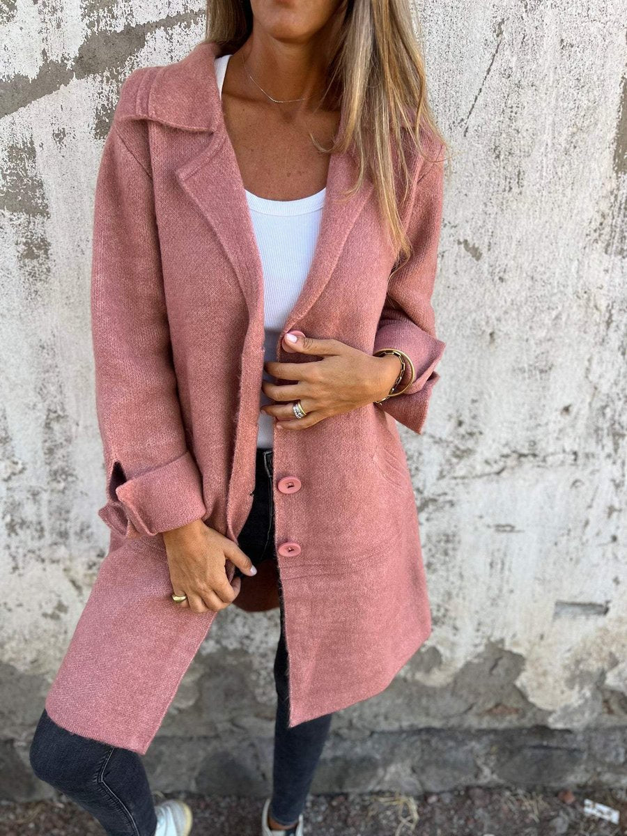 Women's Long Button-Front Coat with Lapels | Nora in Green - Juana Fashion