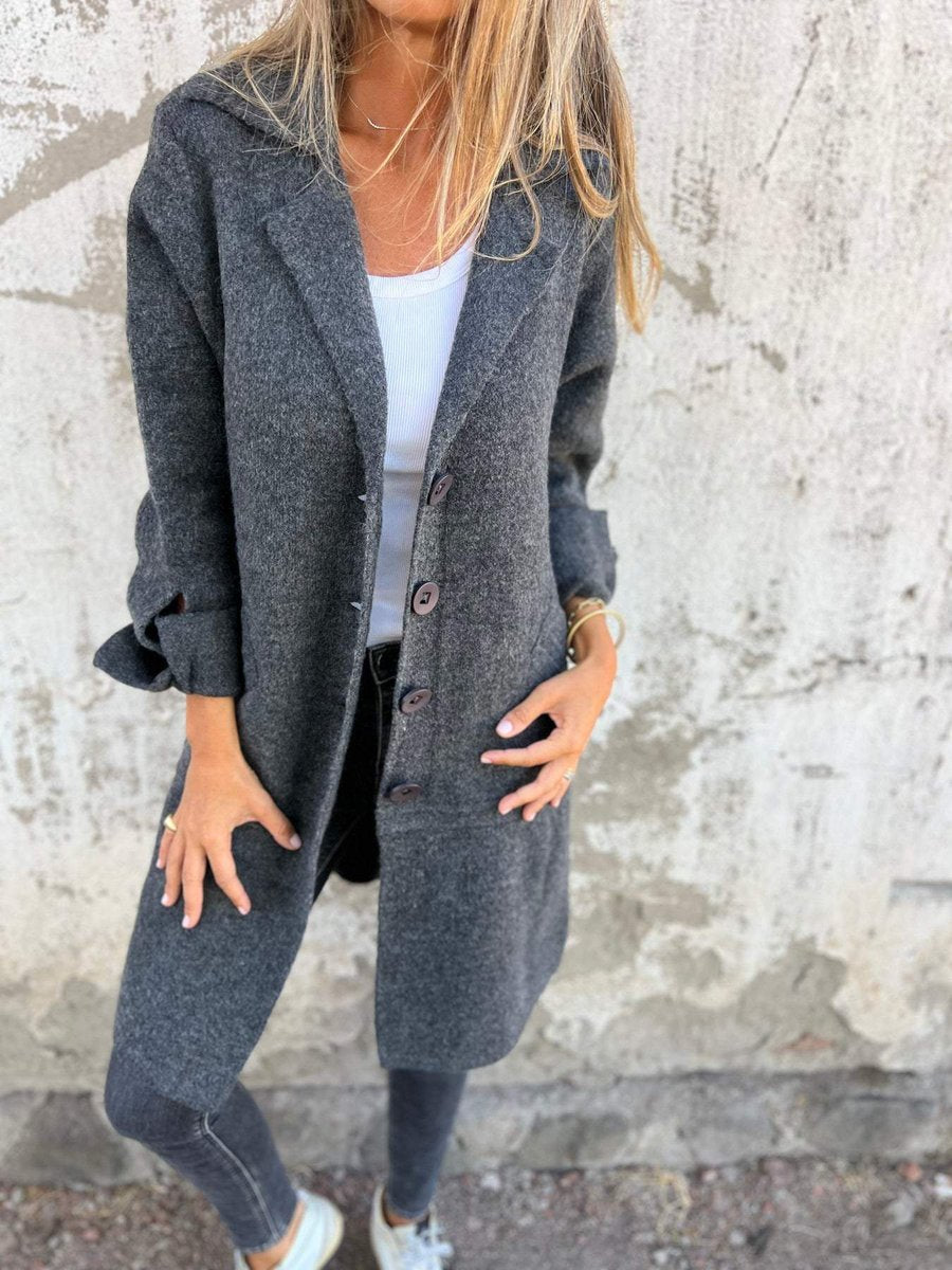 Women's Long Button-Front Coat with Lapels | Nora in Green - Juana Fashion