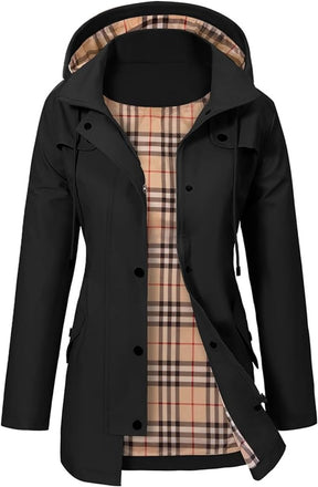 Women's Waterproof Coat with Plaid Lining | Elisabeth in Black - Juana Fashion