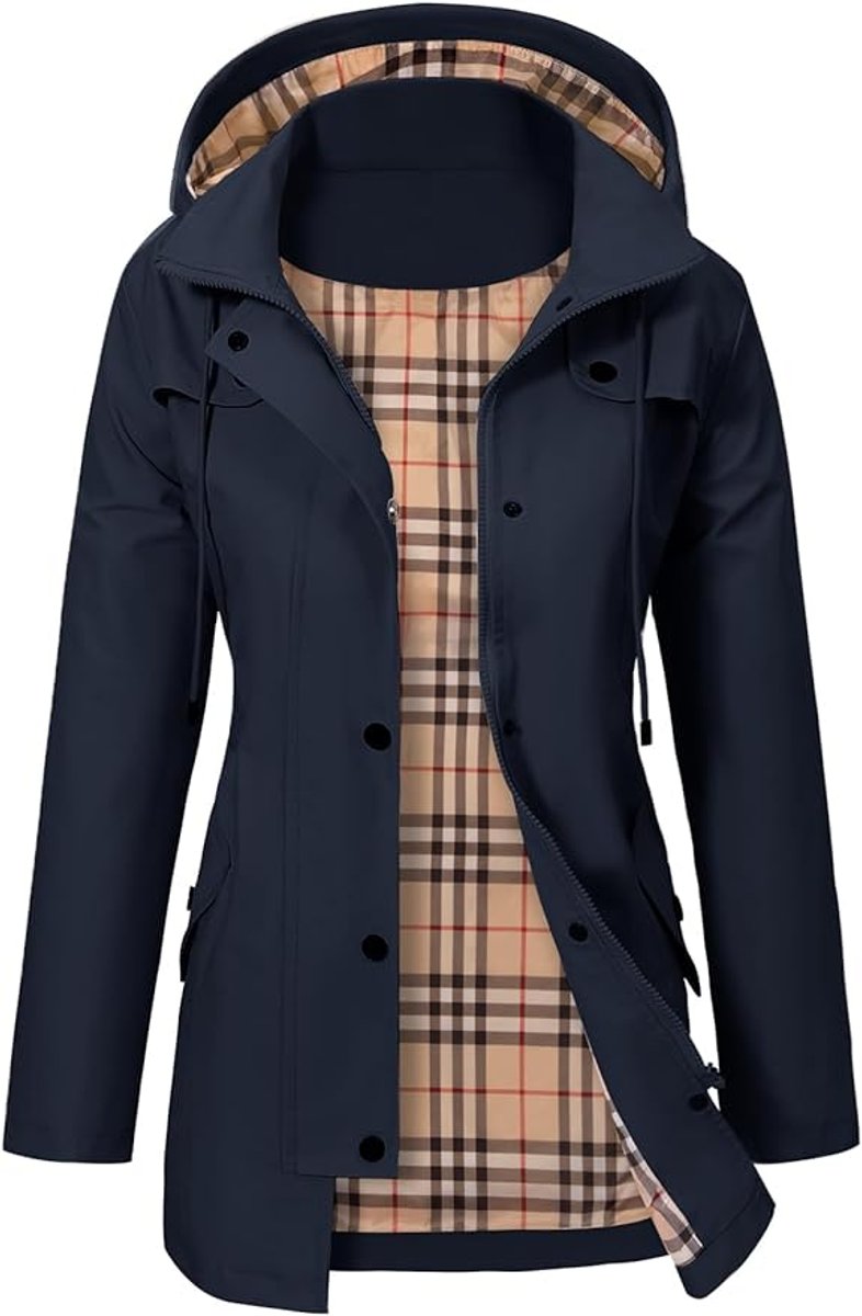 Women's Waterproof Coat with Plaid Lining | Elisabeth in Black - Juana Fashion