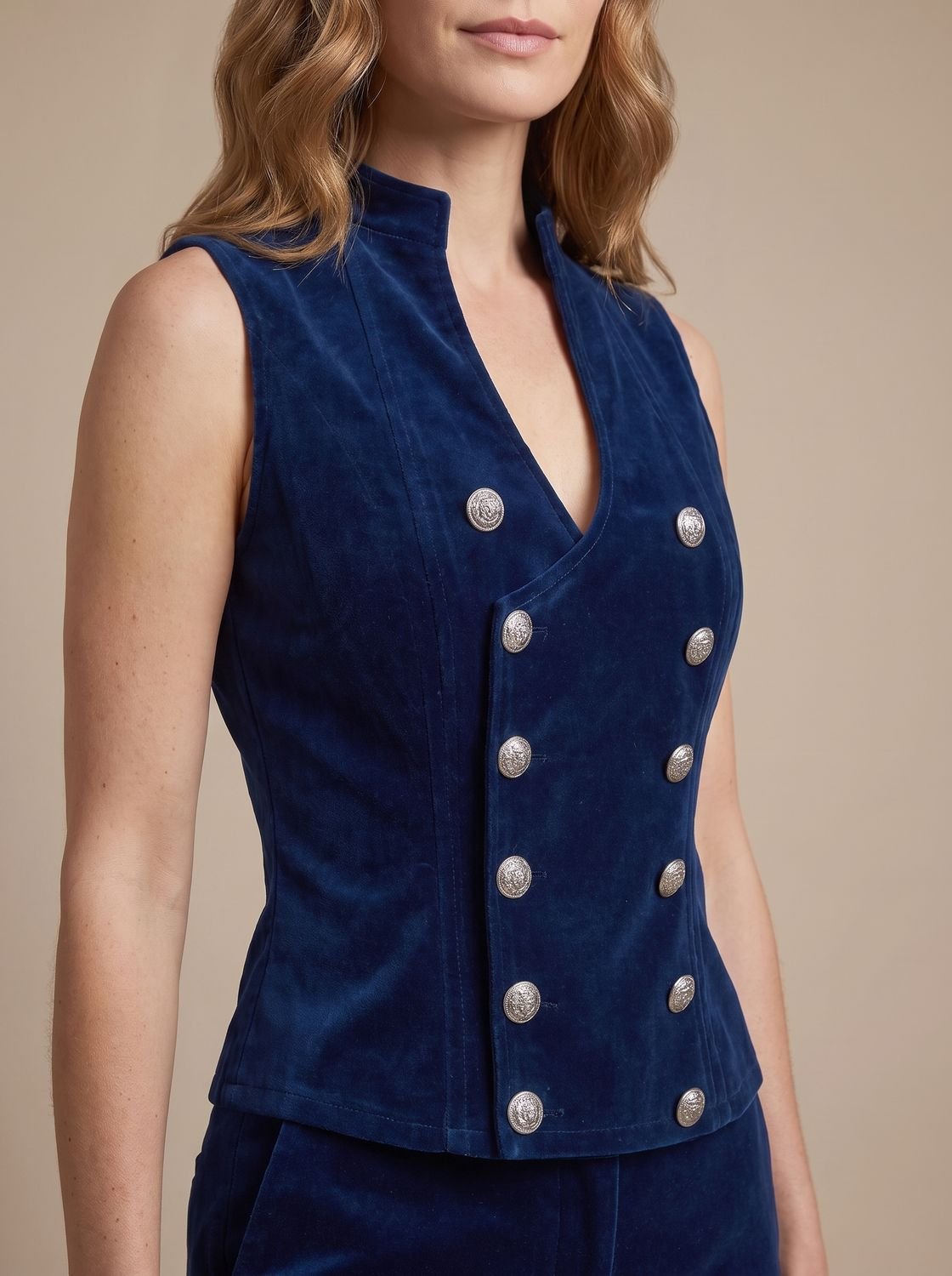 Women's Double-Breasted Velvet Vest | Greta in Navy - Juana Fashion