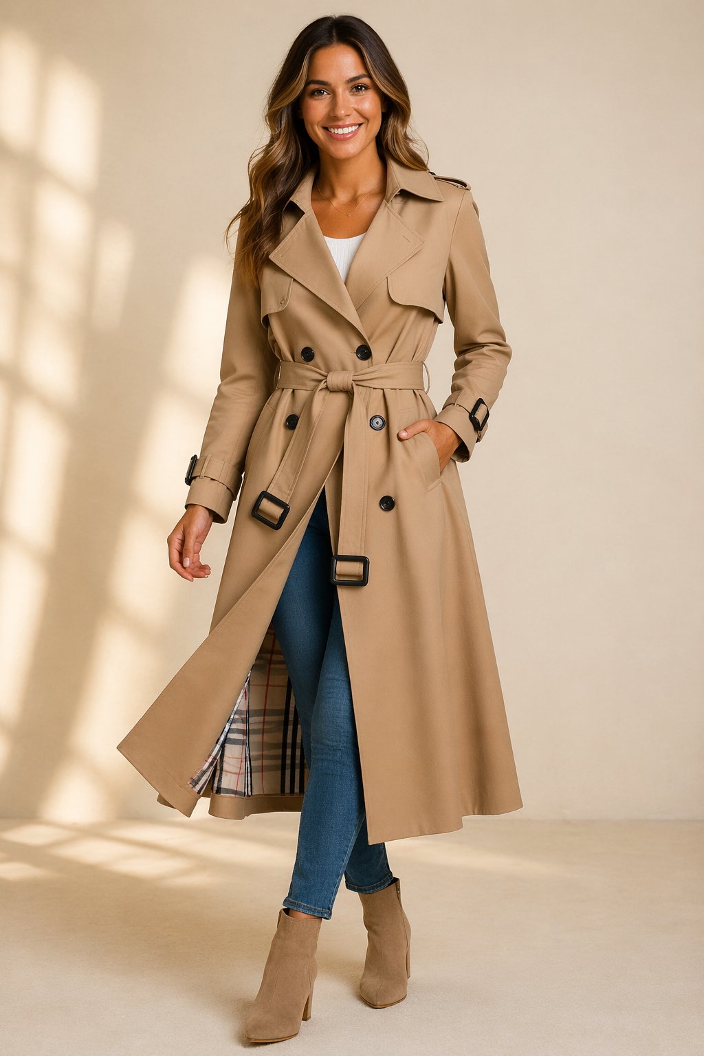 Women's Long Double-Breasted Tie-Waist Trench Coat | Mia in Black - Juana Fashion