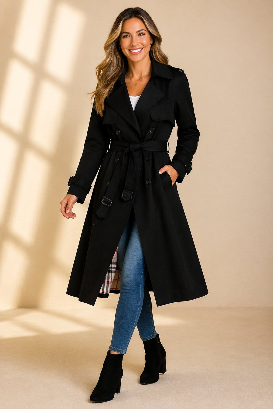 Women's Long Double-Breasted Tie-Waist Trench Coat | Mia in Black - Juana Fashion