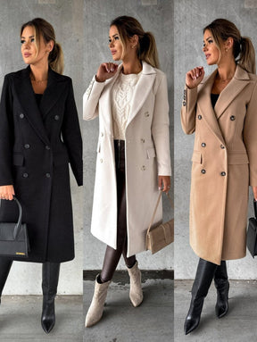 Women's Long Double-Breasted Coat with Gold-Tone Buttons | Annika in Black - Juana Fashion