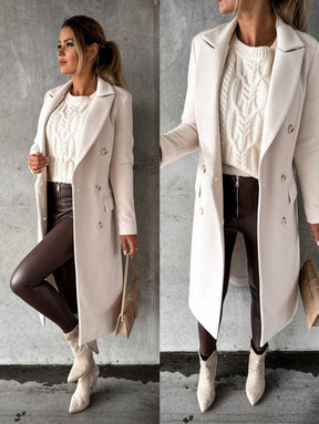 Women's Long Double-Breasted Coat with Gold-Tone Buttons | Annika in Khaki - Juana Fashion