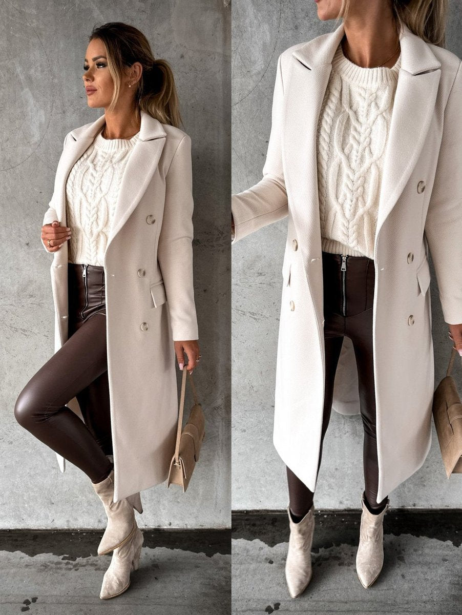Women's Long Double-Breasted Coat with Gold-Tone Buttons | Annika in Khaki - Juana Fashion