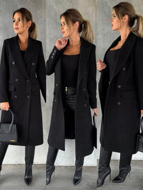 Women's Long Double-Breasted Coat with Gold-Tone Buttons | Annika in Khaki - Juana Fashion