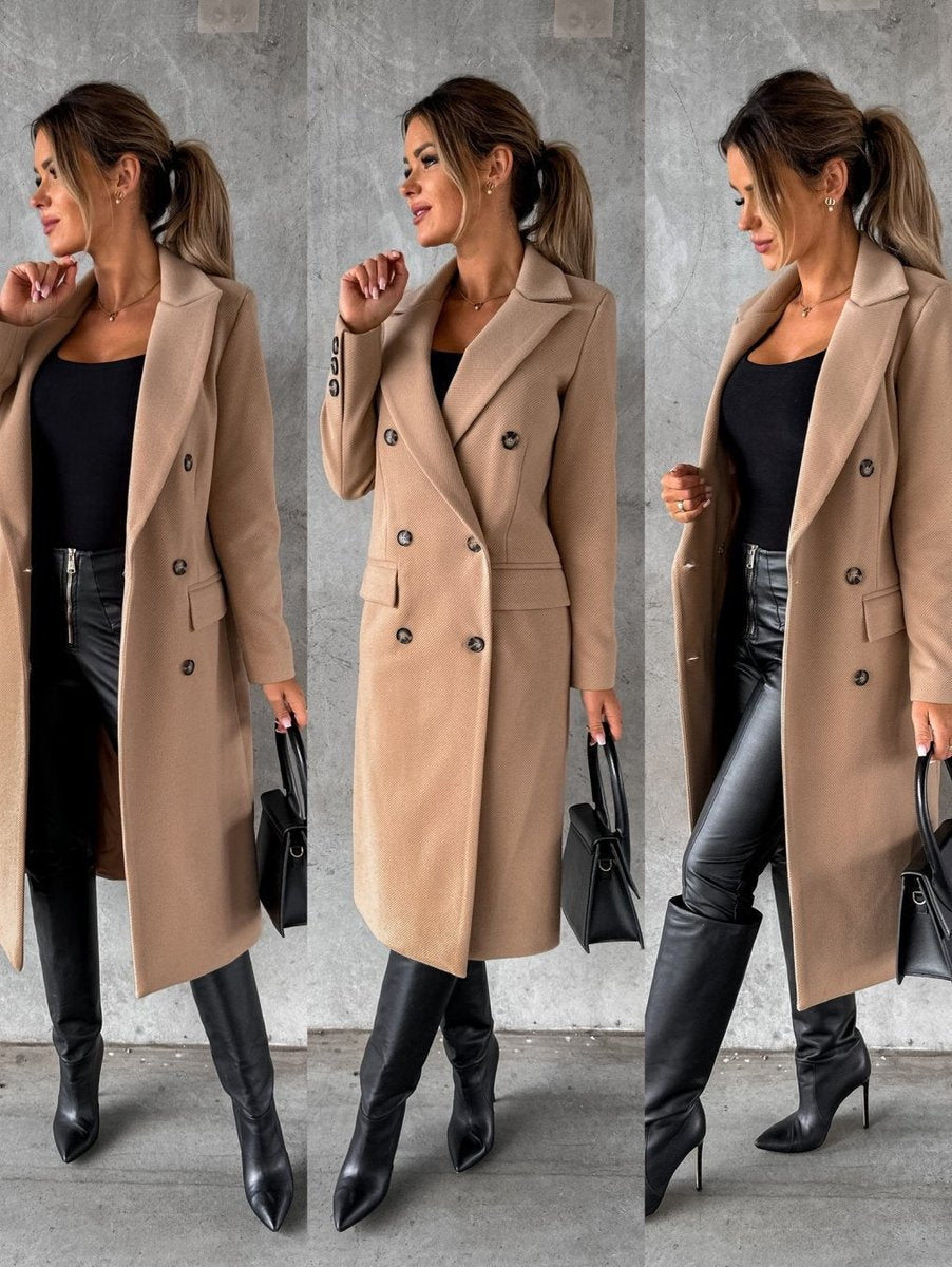 Women's Long Double-Breasted Coat with Gold-Tone Buttons | Annika in Khaki - Juana Fashion