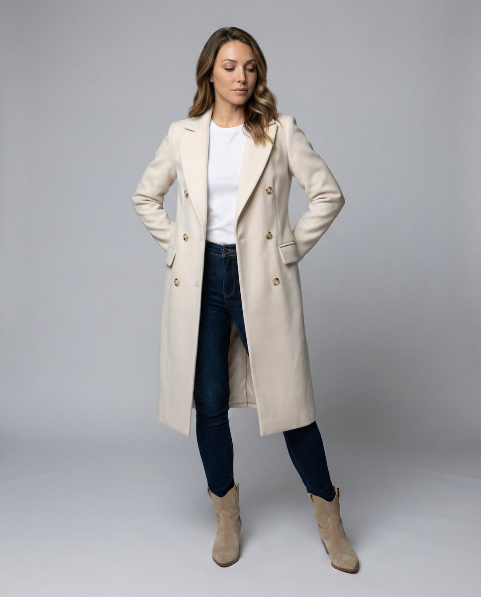 Women's Long Double-Breasted Coat with Gold-Tone Buttons | Annika in Beige - Juana Fashion