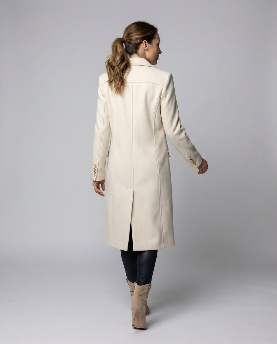 Women's Long Double-Breasted Coat with Gold-Tone Buttons | Annika in Beige - Juana Fashion