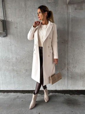 Women's Long Double-Breasted Coat with Gold-Tone Buttons | Annika in Black - Juana Fashion