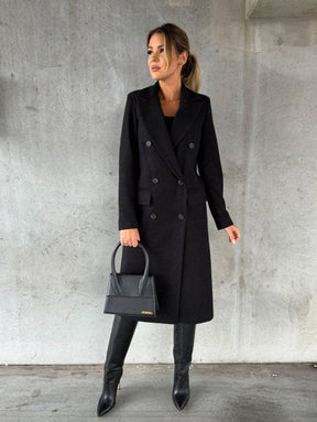 Women's Long Double-Breasted Coat with Gold-Tone Buttons | Annika in Beige - Juana Fashion