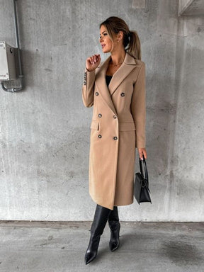 Women's Long Double-Breasted Coat with Gold-Tone Buttons | Annika in Beige - Juana Fashion
