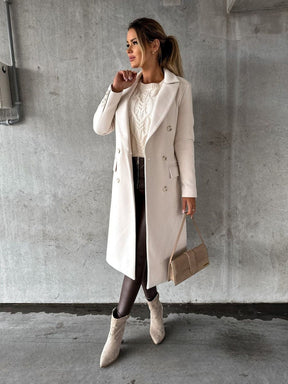 Women's Long Double-Breasted Coat with Gold-Tone Buttons | Annika in Beige - Juana Fashion