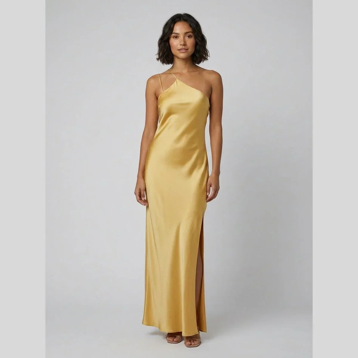 Women's One-Shoulder Satin Maxi Evening Dress | Danielle in Yellow