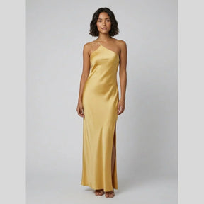 Women's One-Shoulder Satin Maxi Evening Dress | Danielle in Yellow