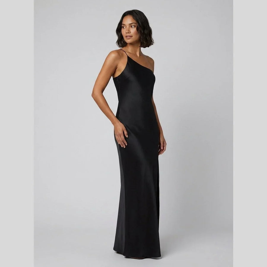 Women's One-Shoulder Satin Maxi Evening Dress | Danielle in Black