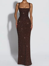 Women's Sequin Maxi Evening Dress, Square Neck | Danielle in Brown