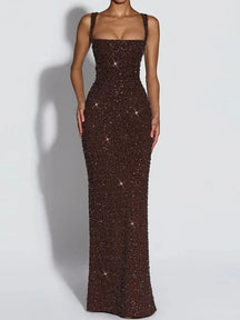 Women's Sequin Maxi Evening Dress, Square Neck | Danielle in Brown