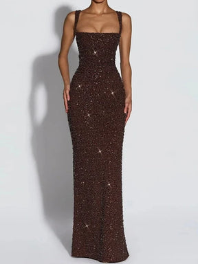 Women's Sequin Maxi Evening Dress, Square Neck | Danielle in Brown