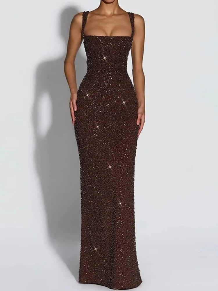 Women's Sequin Maxi Evening Dress, Square Neck | Danielle in Brown