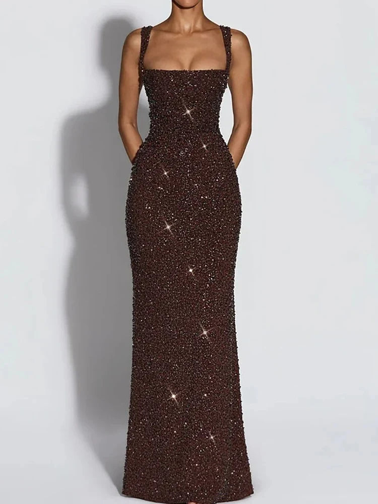Women's Sequin Maxi Evening Dress, Square Neck | Danielle