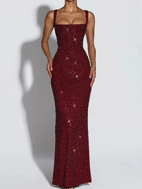 Women's Sequin Maxi Evening Dress, Square Neck | Danielle in Red