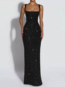 Women's Sequin Maxi Evening Dress, Square Neck | Danielle in Black