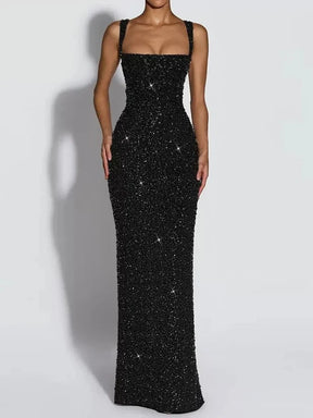 Women's Sequin Maxi Evening Dress, Square Neck | Danielle in Black