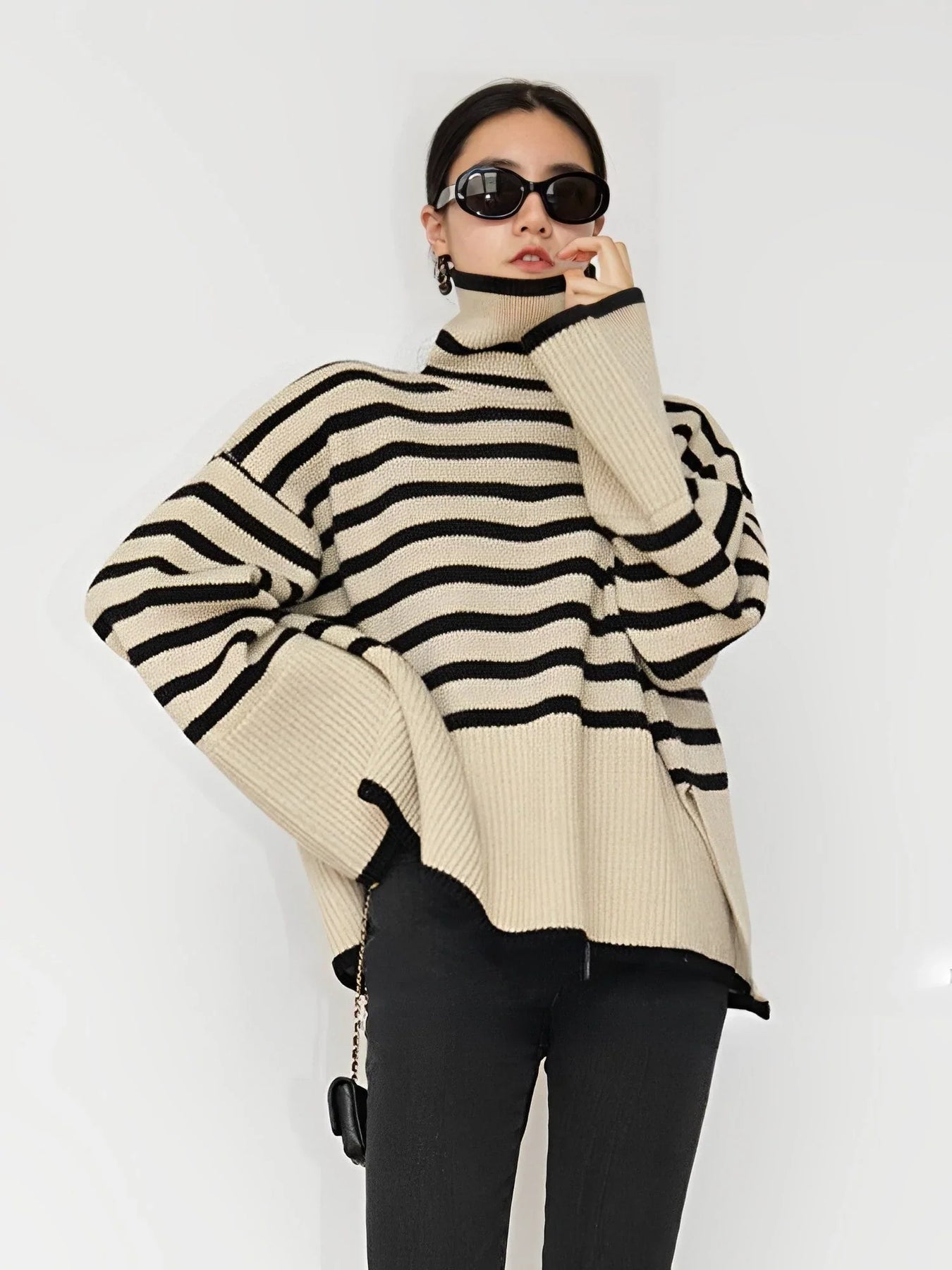 Women's Wool Oversized Striped Turtleneck Sweater — View 8