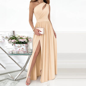 Women's One-Shoulder Wrap Maxi Dress with Slit | December in Beige