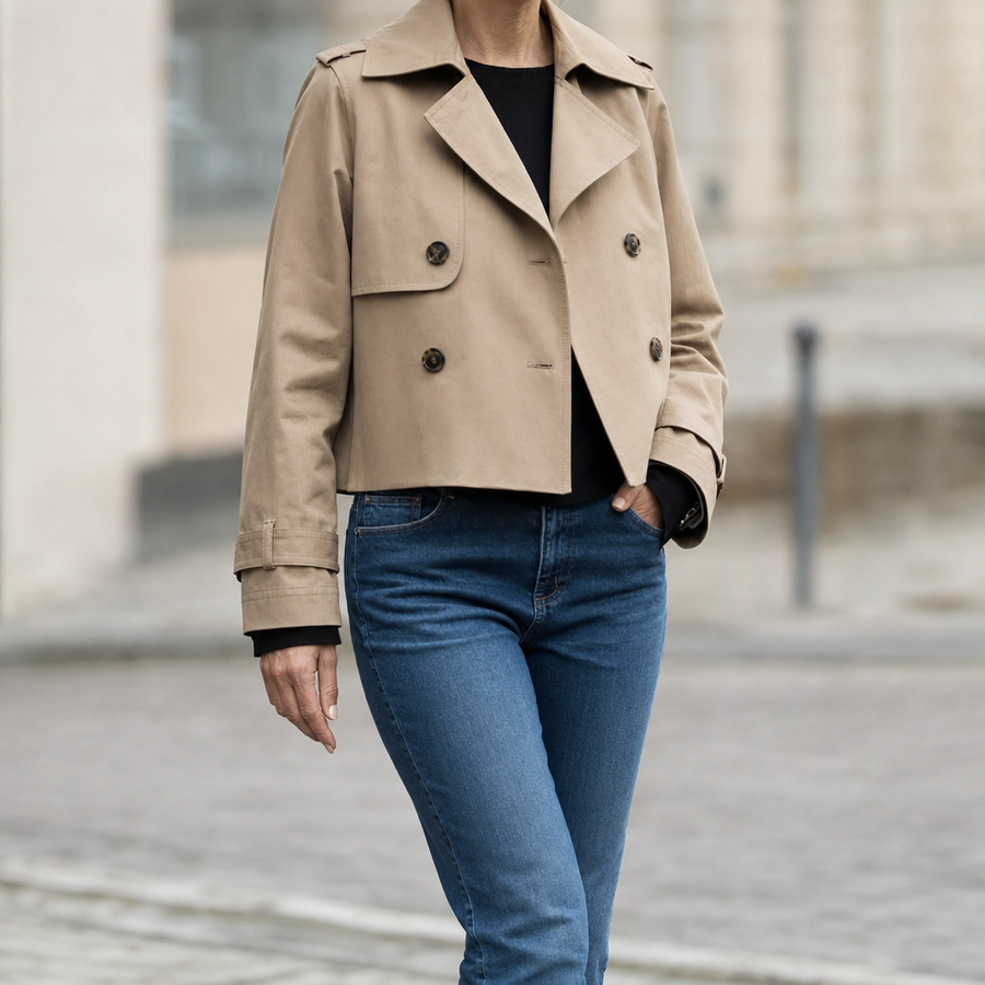 Women's Vintage-Style Cropped Trench Coat | Dorney in Khaki - Juana Fashion