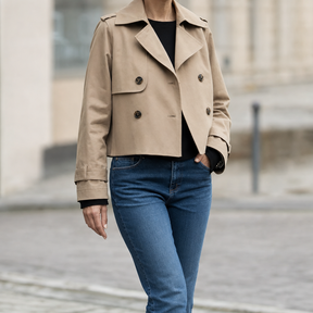 Women's Vintage-Style Cropped Trench Coat | Dorney in Khaki - Juana Fashion