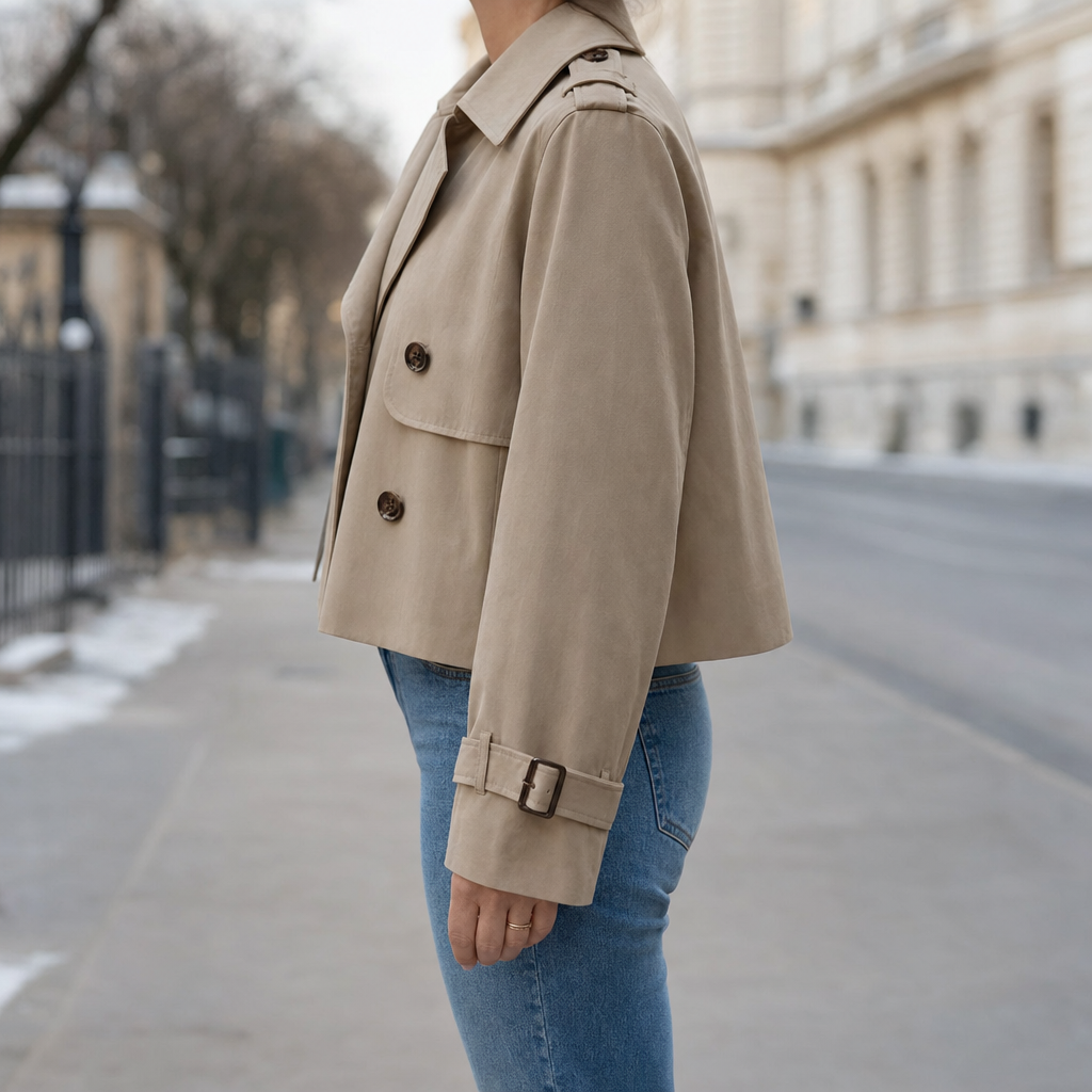 Women's Vintage-Style Cropped Trench Coat | Dorney in Khaki - Juana Fashion