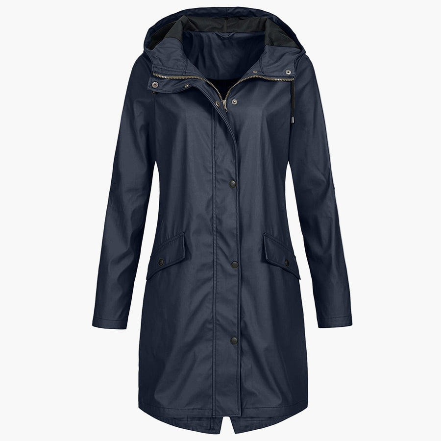 Women's Long Waterproof Hooded Coat | Bettina in Navy - Juana Fashion