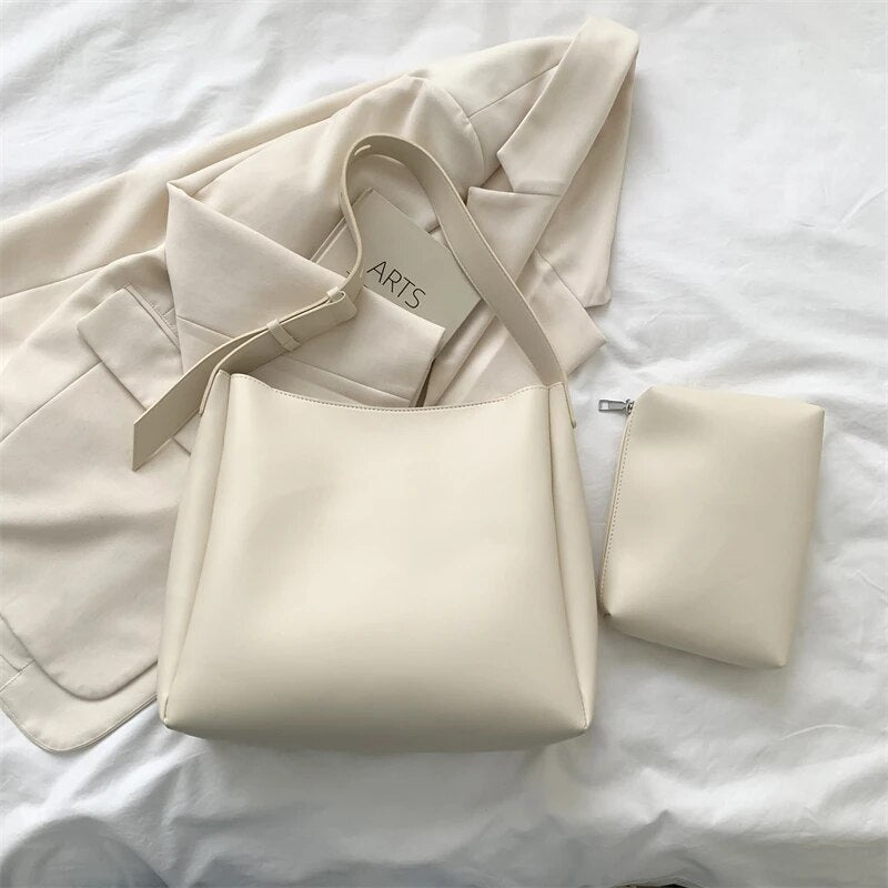 Women's Soft Faux Leather Shoulder Tote Bag in Beige by Juana Fashion