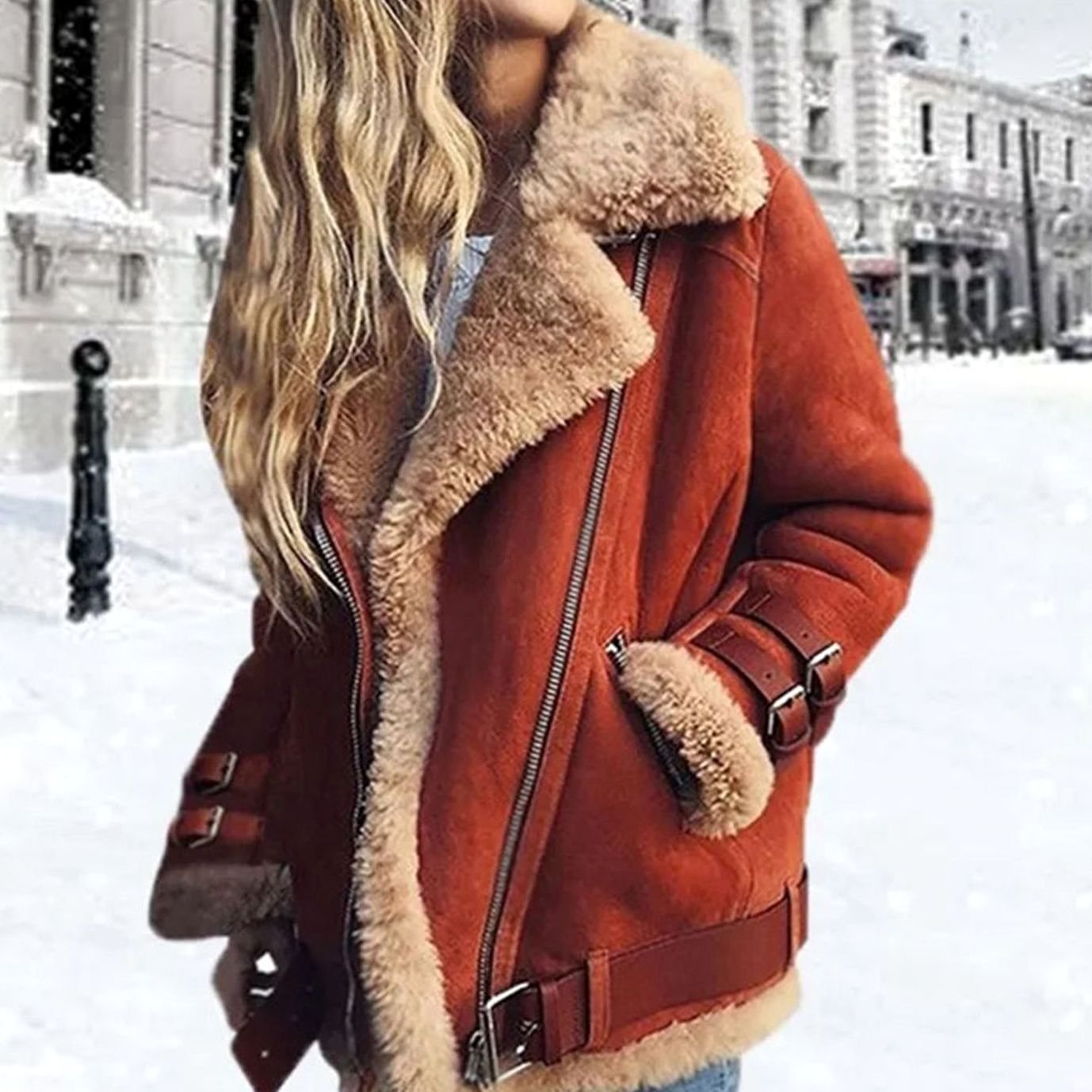 Women's Shearling-Look Jacket with Buckles | Hannah in Orange - Juana Fashion