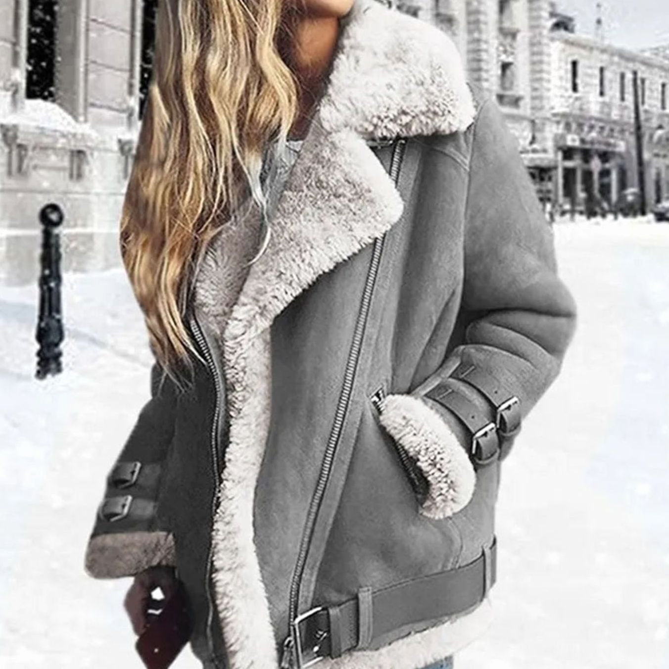 Women's Shearling-Look Jacket with Buckles | Hannah in Orange - Juana Fashion