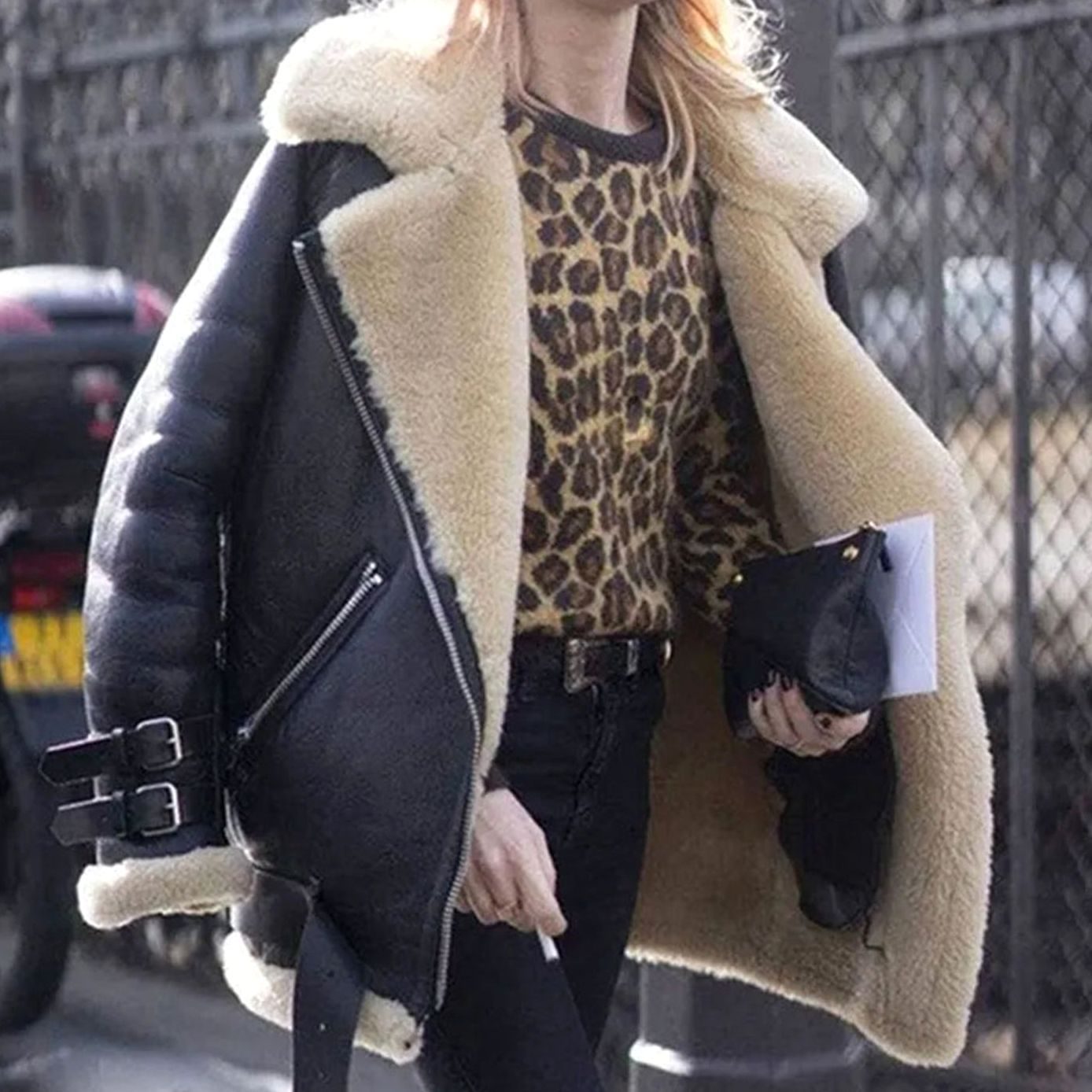 Women's Shearling-Look Jacket with Buckles | Hannah in Orange - Juana Fashion