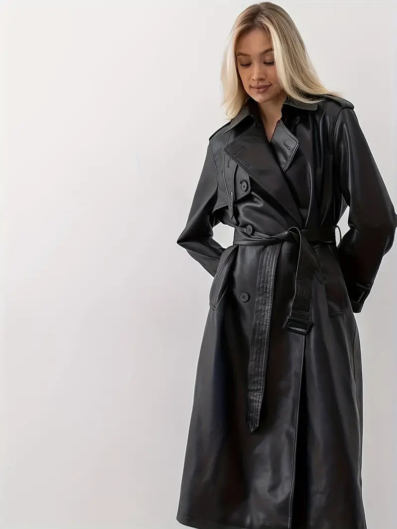 Women's Long Belted Faux Leather Trench Coat | Edith in Black - Juana Fashion