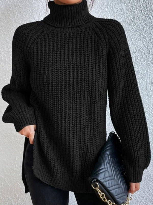 Women's Raglan Sleeve Side Slit Turtleneck Sweater — View 1