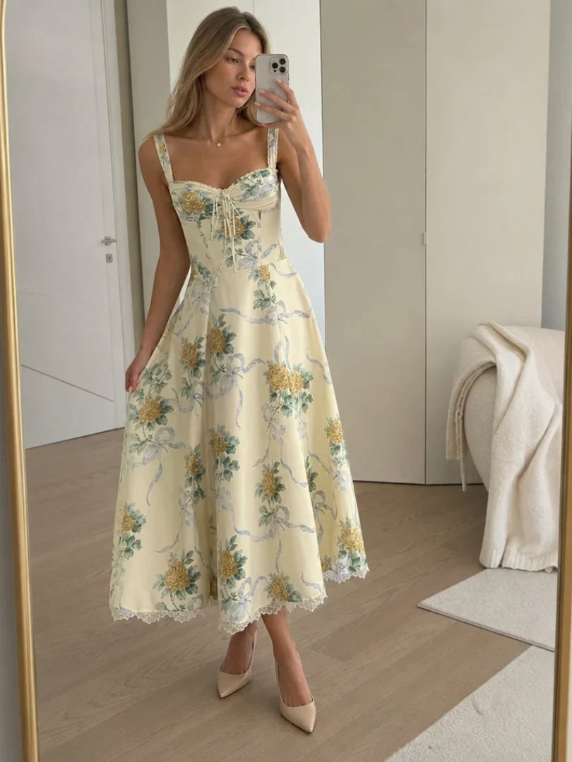 Women's Floral Corset Midi Wedding Guest Dress | Edna in Beige