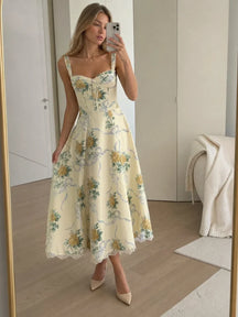 Women's Floral Corset Midi Wedding Guest Dress | Edna in Beige