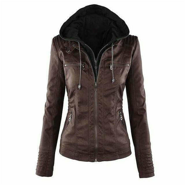 Women's Hooded Faux Leather Jacket — View 5