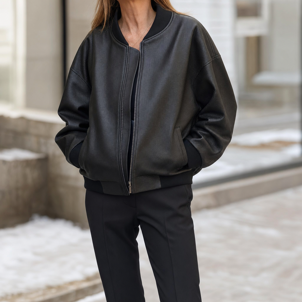 Women's Faux Leather Bomber Jacket | Elmswell in Black - Juana Fashion