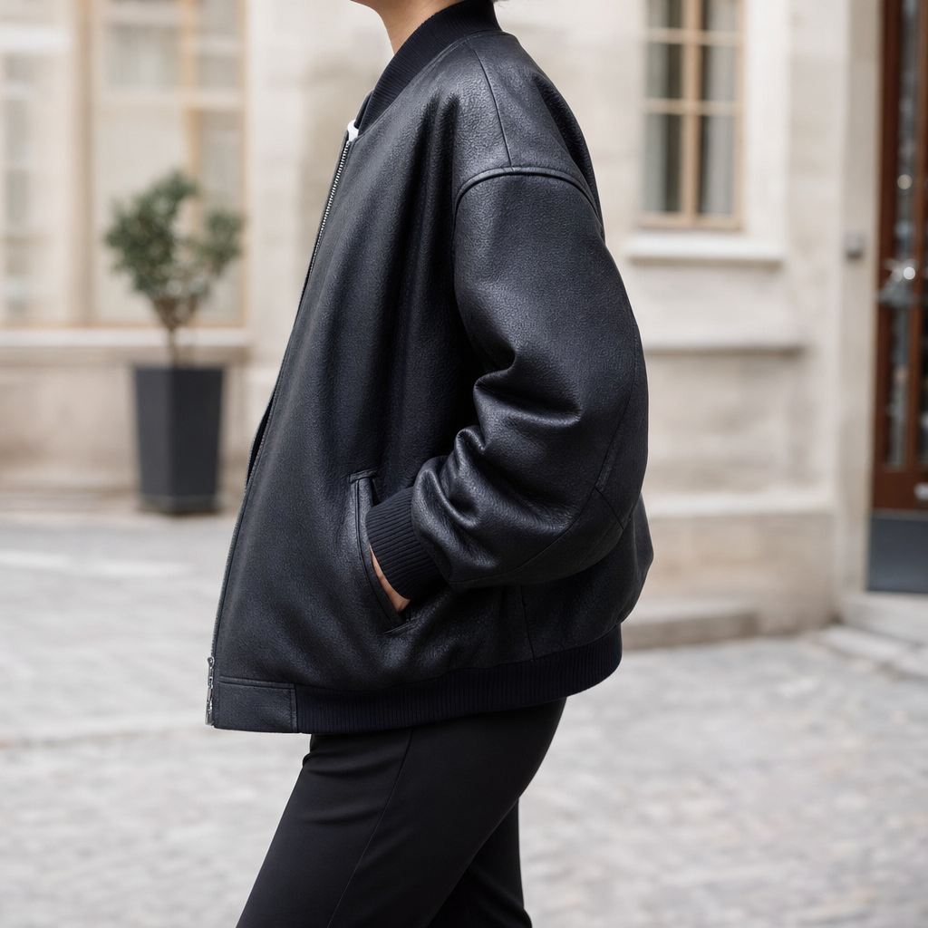 Women's Faux Leather Bomber Jacket | Elmswell in Black - Juana Fashion