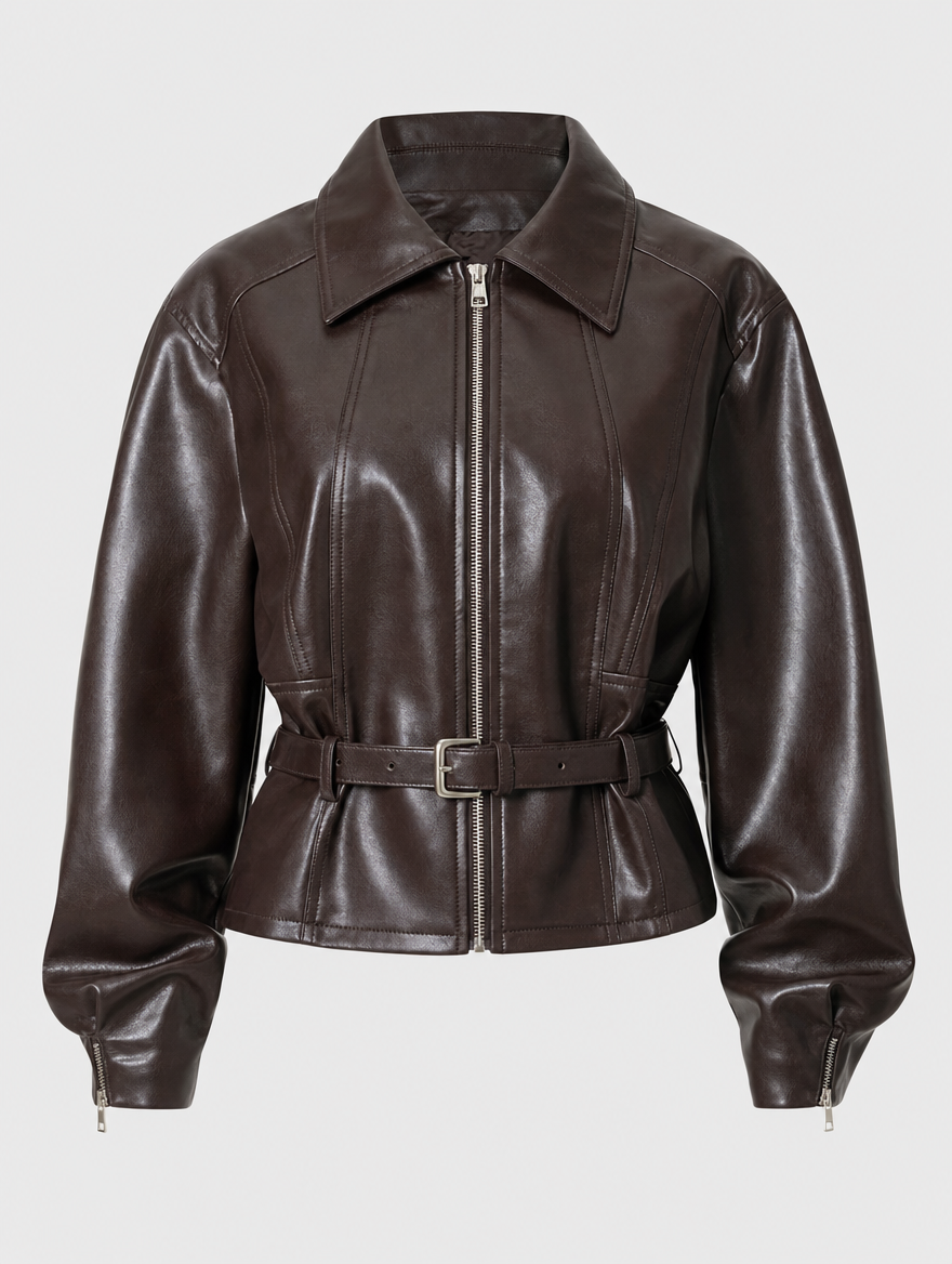 Women's Belted Faux Leather Jacket | Elverton in Brown - Juana Fashion