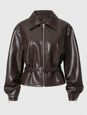 Women's Belted Faux Leather Jacket | Elverton in Brown - Juana Fashion