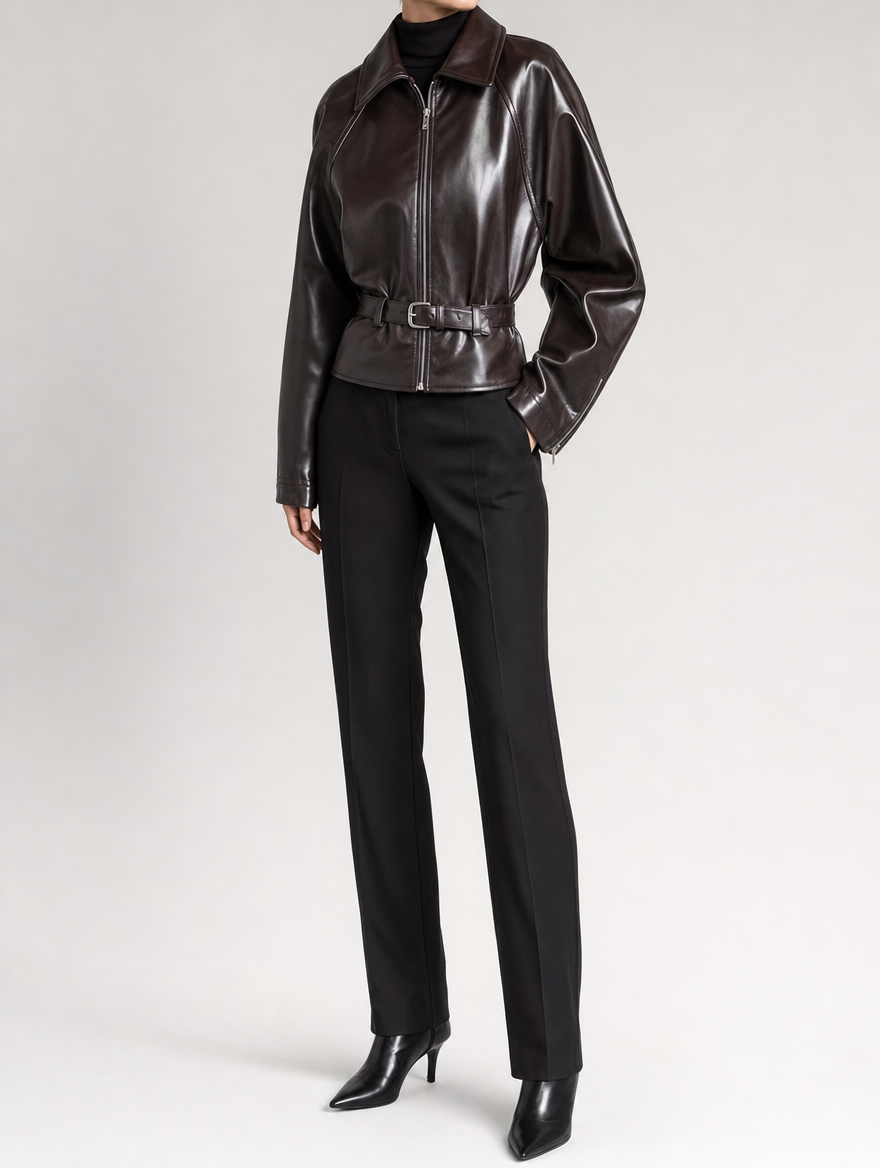 Women's Belted Faux Leather Jacket | Elverton in Brown - Juana Fashion