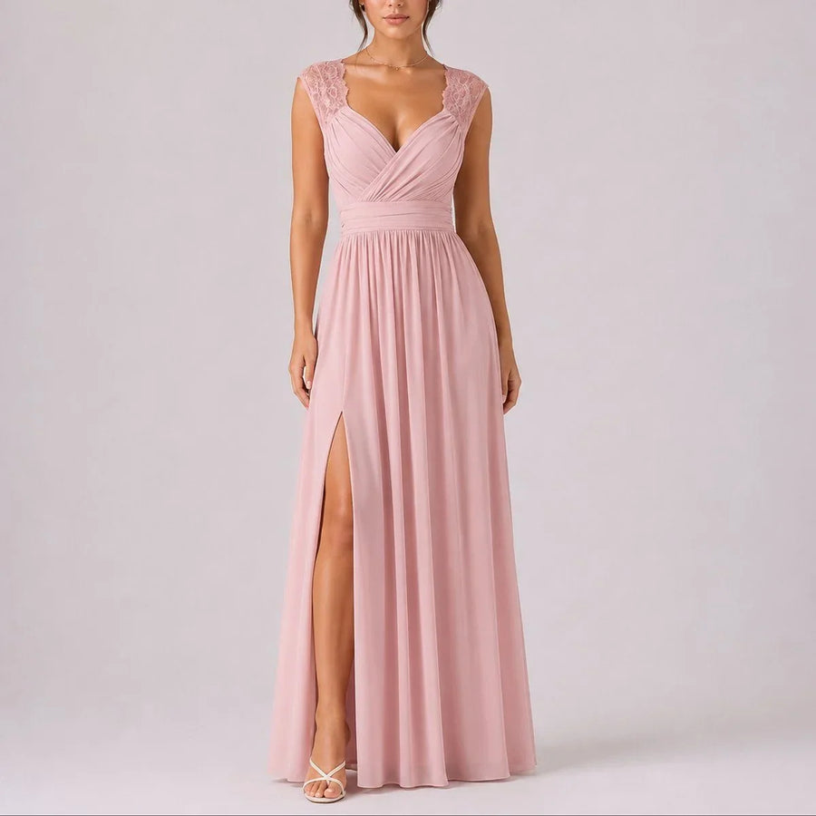 Women's Lace Cap-Sleeve Maxi Wedding Guest Dress | Eva in Pink